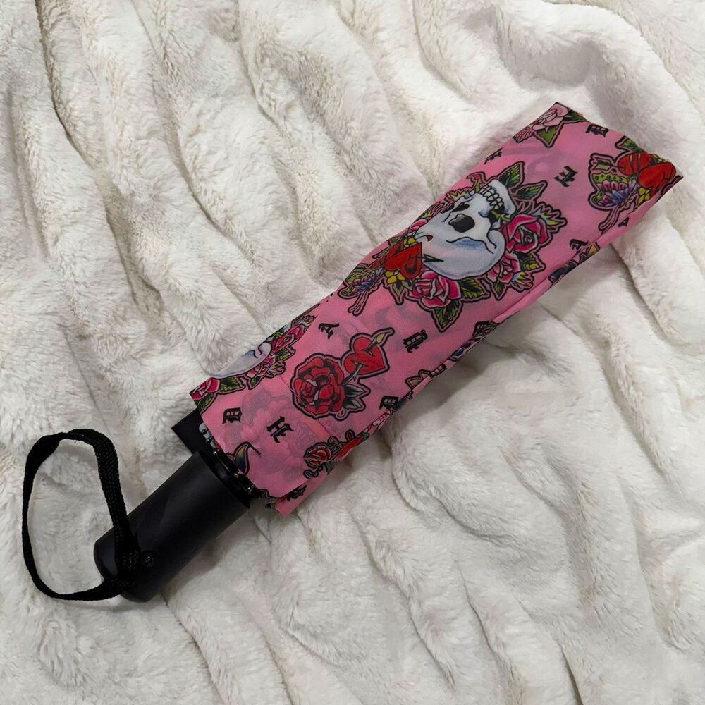 Ed Hardy Compact Folding Umbrella Pink Skull Rose Tattoo Print